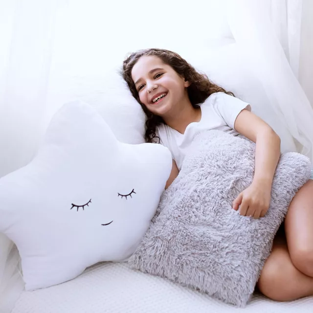 Set of 2 Decorative Pillows for Girls Toddler Kids Room, White Fluffy Star an...