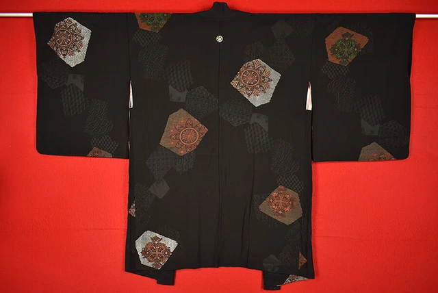 Vintage Japanese Kimono Silk Antique BORO Black HAORI Kusakizome Woven/B217/620