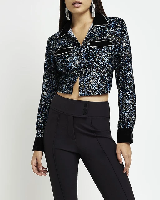 River Island Womens Blue Velvet Long sleeved Croptop Top Size 6