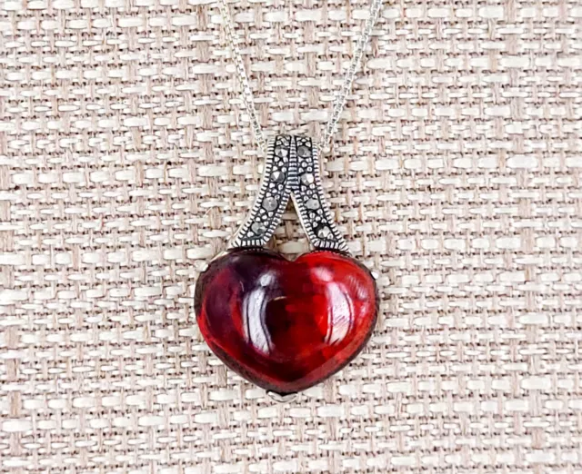 Vintage Sterling Silver Heart Garnet Glass Art Deco Style Pendant Necklace 18”