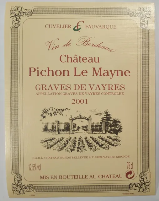 Etiquettes Vin FRANCE Ch PICHON Le Mayne  Graves de  Vayres 2001 Wine labels