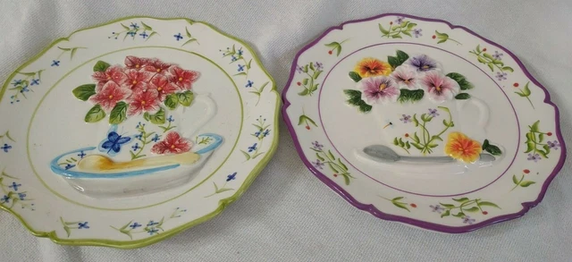 Set Of TWO 8" MAJOLICA style FLOWER tea cup design PLATES GORGEOUS colors