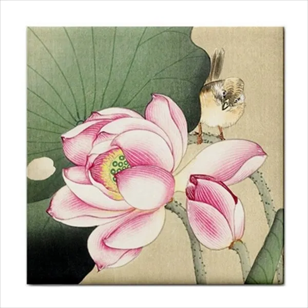 Songbird Lotus Flower Ohara Koson Japanese Art Backsplash Border Ceramic Tile