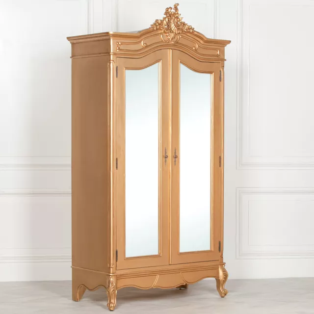 French Style Armoire Wardrobe Wooden Gold Carved Double Door Full Mirrored