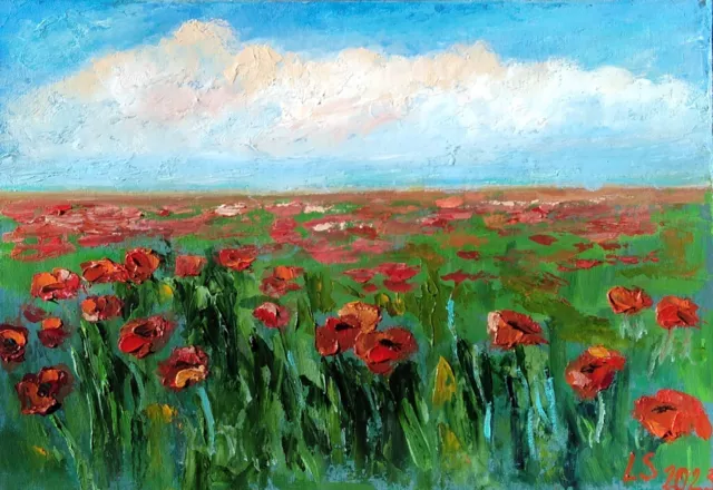 Original Art Landscape Poppies Field Flowers Oil Painting Summer FIeld 8х12"