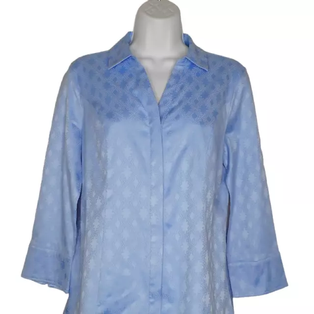 Dana Buchman Top Womens Medium 3/4 Sleeve Blue Cotton Blend Button-Up Jacquard