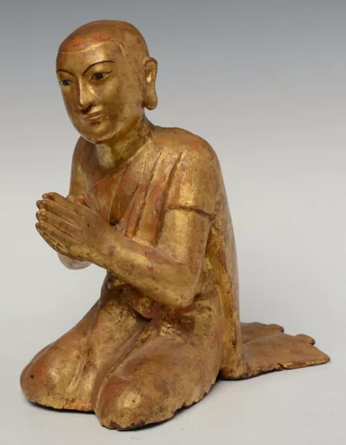 19th Century, Mandalay, Antique Burmese Wooden Seated Disciple