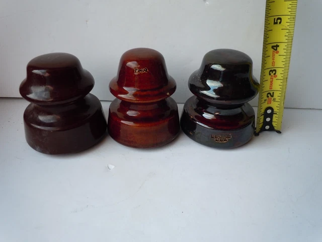 3 Vintage Brown Ceramic Porcelain Insulators - Victor, Locke & Pinco 8