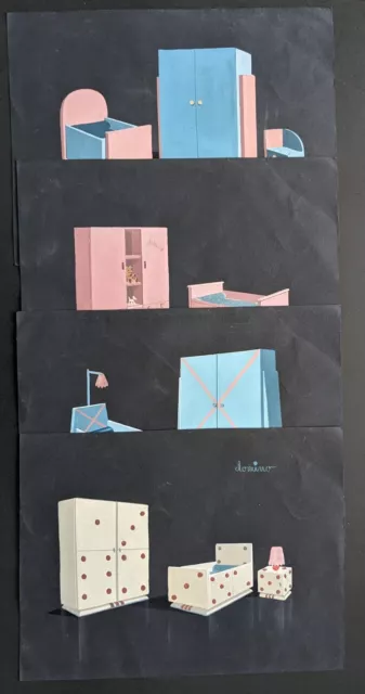 4 projets de mobilier pour une chambre d'enfant. Gouache. Vers 1930