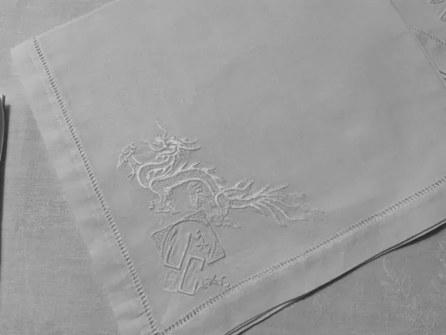 linge ancien 6 Serviettes Lin brodée Dragon  Nouvel An chinois  monogramme J C