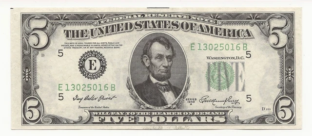 CU 1950-A $5 Dollar Bill Federal Reserve Note FRN Richmond, VA 016B-TCM