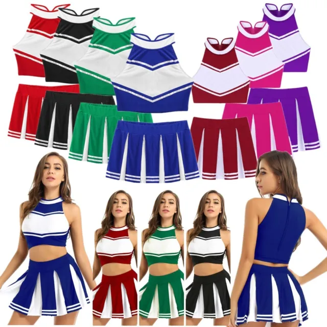 Agoky Damen Cheerleading Kostüm Uniform Set Crop Top mit Minirock Faltenrock
