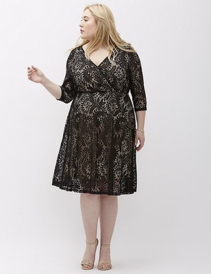 New Lane Bryant Plus Size Black Lace Surplice Fit & Flare Dress Sz 24