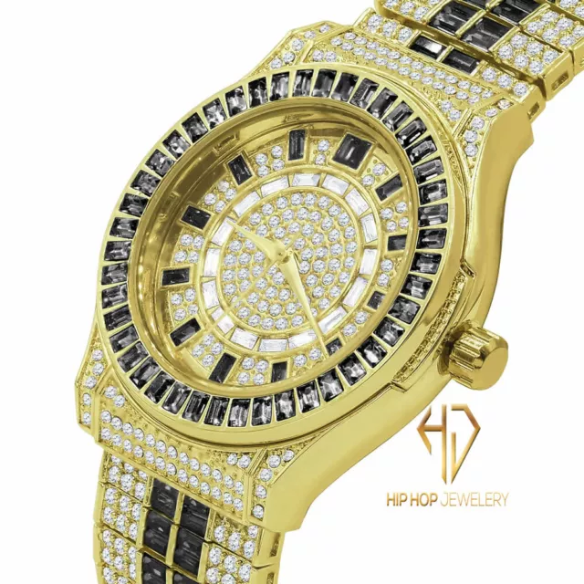 Mens Black Onyx Baguette Round Simulated Diamond 18K Gold Tone Luxury Band Watch