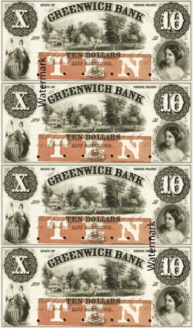 $10-10-10-10  East Greenwich Bank Rhode Island RI Obsolete Currency Sheet REPRO