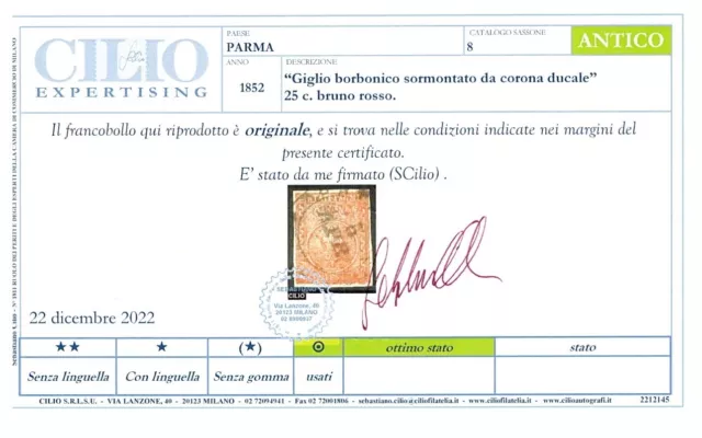 Ducato di Parma - 1853 - 25 cent. bruno rosso, n° 8, certificato annullato