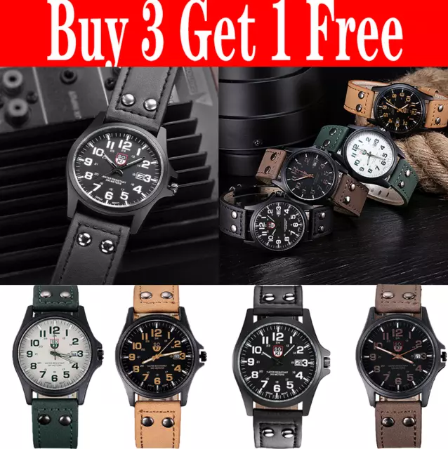 Men’s Military Leather Date Quartz Analog Army Casual Dress Wrist Watches  UK