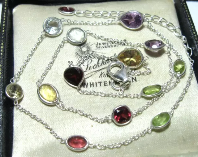 Sterling Silver Rainbow Gem Stone Bezel Chain Necklace Multi Colour 18" Long