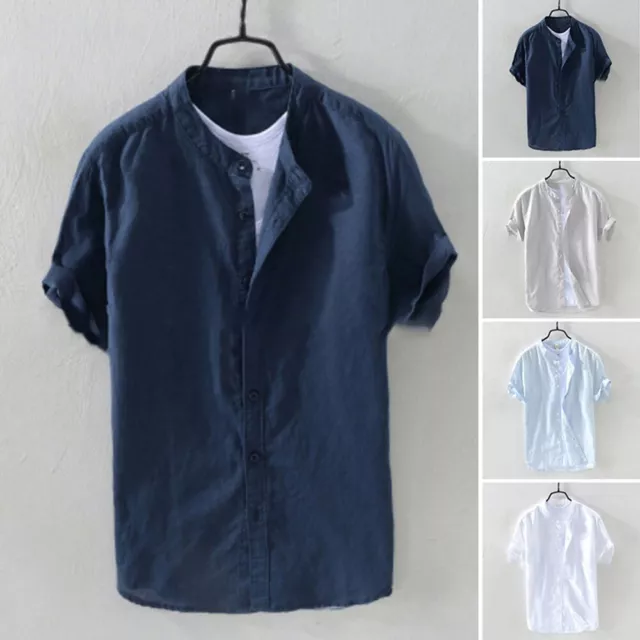 Casual Loose Short Sleeve Linen Shirts for Men Lightweight Holiday Tops