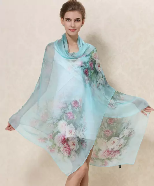 100% Silk Scarf Women neckerchief large Shawl Wrap Floral blue pink red MY1-7