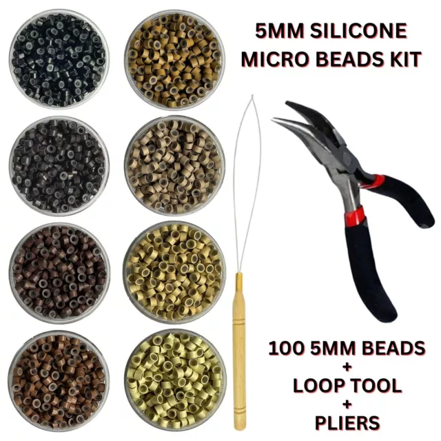 Silicone Micro Rings Hair Extensions Kit 100 5mm Beads, Loop Pull Tool + Pliers