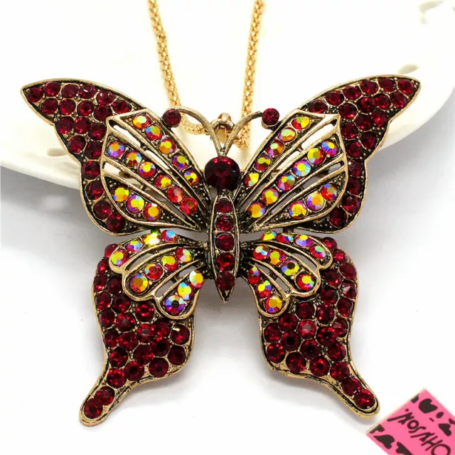 New Betsey Johnson AB Red Bling Rhinestone Butterfly Crystal Pendant Necklace