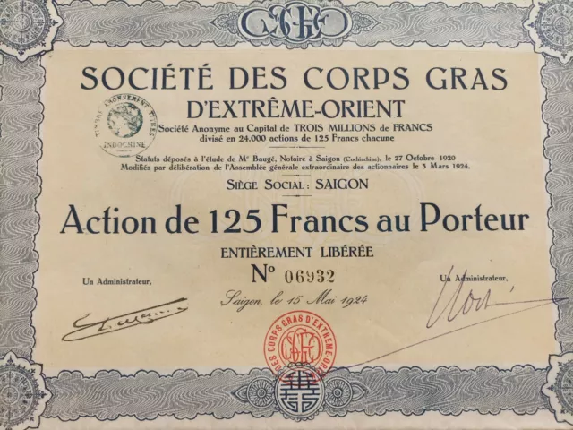 Ancien Titre Action : Société Des Corps Gras D'extrême Orient, 1924