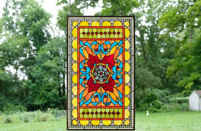 20"W x 34"H Handcrafted Jeweled stained glass window panel.