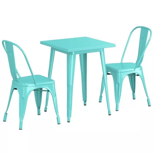 23.5'' Square Seafoam Metal Restaurant Table Set with 2 Chairs For Outdoor Use