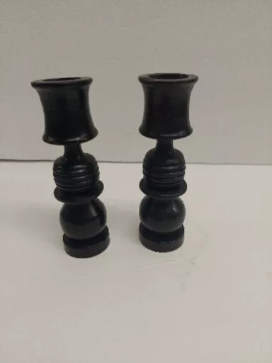 Handcrafted Pair Wooden Candlesticks Holders Retro Farmhouse Dark Apprx 5 inches