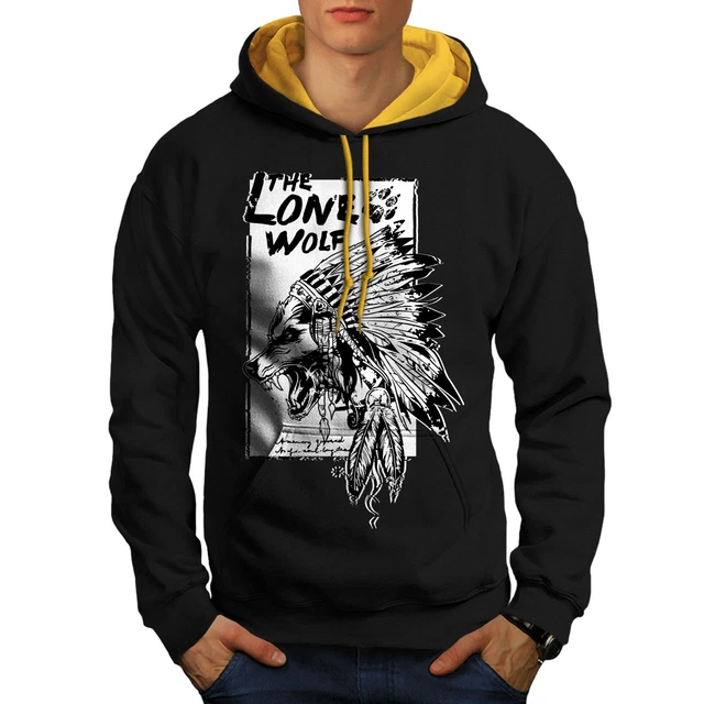 Wellcoda The Lone Wolf Indian Mens Contrast Hoodie, Wild Casual Jumper