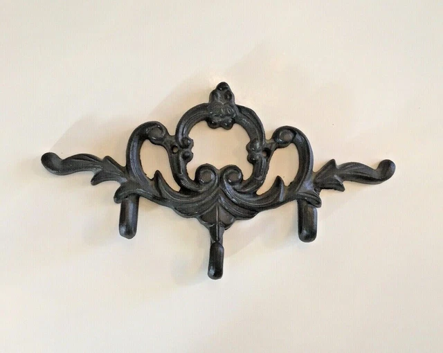 Cast Iron Coat Hat Key Apron HOOK has 3 Hooks 9 5/8" X 5 3/8" Ornate Style Heavy