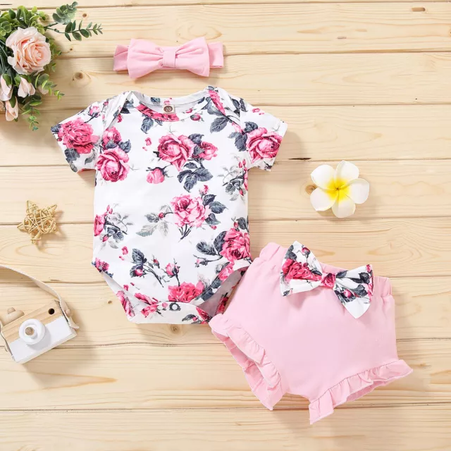 Newborn Girl Clothes Infant Floral Prints Romper Tops Shorts Headband Outfit Set