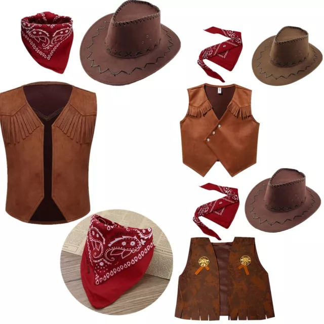Kids Boys Brown Western Cowboy Cosplay Costume Fringe Vest with Kerchief and Hat
