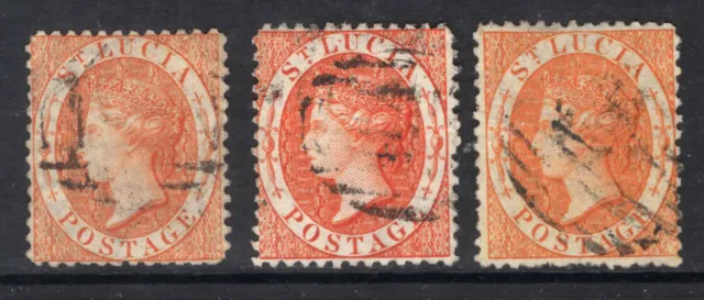 M21301 St Lucia 1864 SG14,b,c - Definitives. All three shades of the 1/- value.