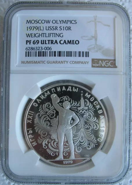 1979-L USSR Silver 10 Roubles NGC PF-69 Ul.Cam. Moscow Olympics-Weightlifting