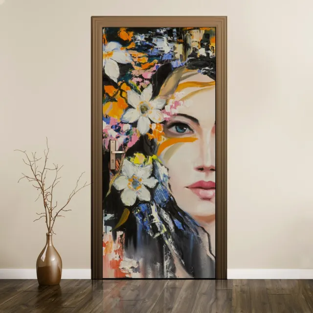 Door Wall Sticker Mural Home Decor Wrap Painting Abstract Women Floral Flowers