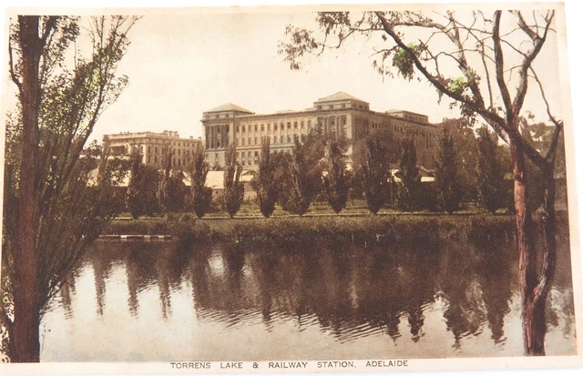 .c1930 TORRENS LAKE & RAILWAY STATION, ADELAIDE, SOUTH AUSTRALIA POSTCARD.
