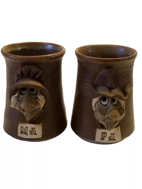 VINTAGE PAIR COUPLE Ugly Funny Face Stoneware Pottery Mugs Coffee Cup ...