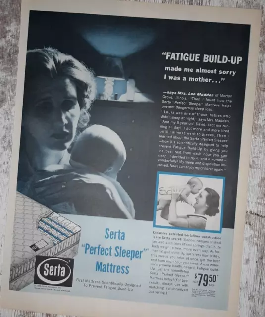 1961 Serta Vintage Print Ad Mattress Perfect Sleeper Mother Infant Sleep Health