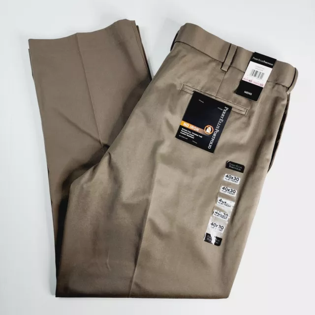 Perry Ellis Portfolio Mens Flat Front No-Iron Beige Sandstone Pants 40x30 NEW