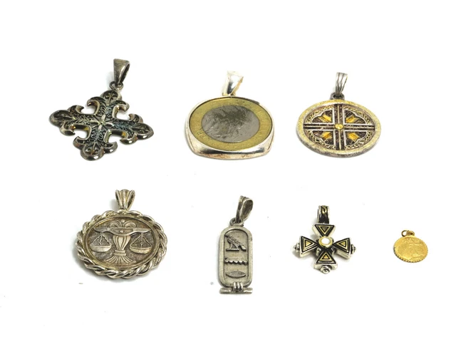 Lot of 7 Sterling Silver Pendants - Coin, Maltese Cross, Egyptian