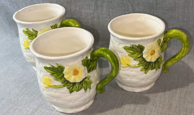 VINTAGE SET 3 LEFTON Rustic Daisy Flower Basket Weave Mug Cup 1950's 4468 2