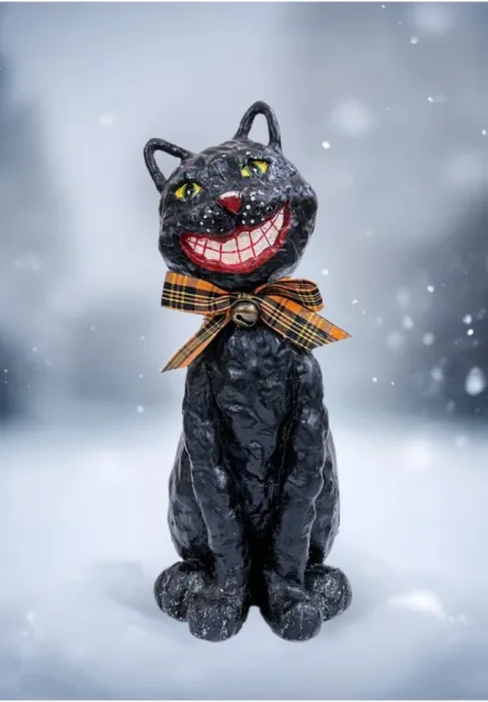 Very Rare Vintage Primitive Black Cat Smiley Sculpture w/ Bow Paper Mache Figure