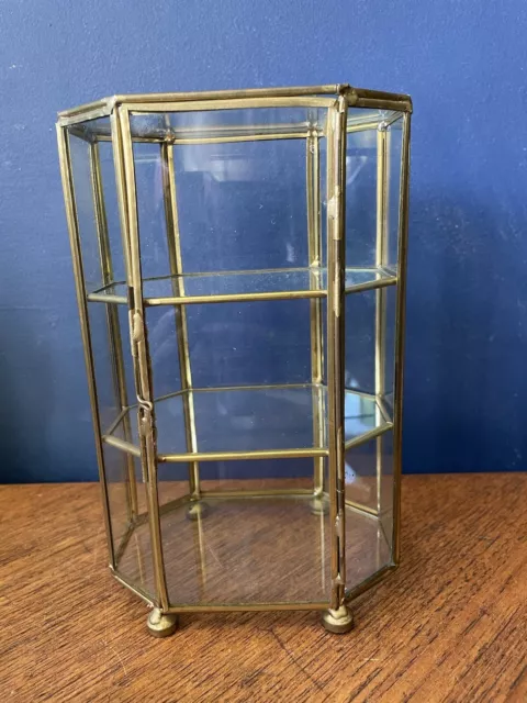 Beautiful Old Glass With Brass Trim Hexagon Freestanding Curio Display Cabinet