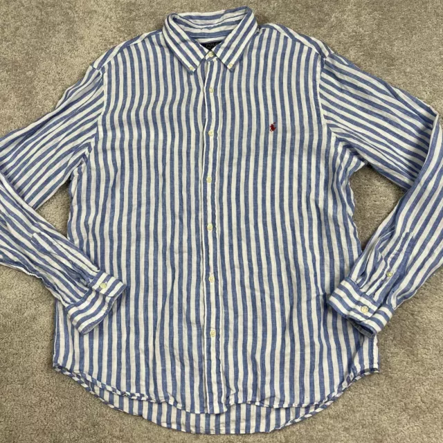 Polo Ralph Lauren 100% Linen Shirt XXL Slim Button Blue White Stripes Red Pony