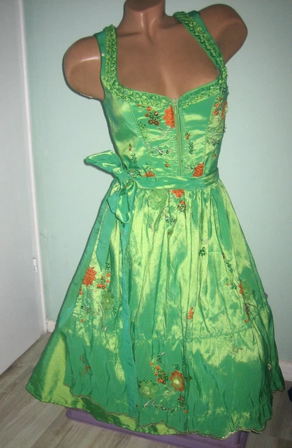 Abito dirndl lucido Oktoberfest 34/XS mela verde ricamato festivo dirndl festivo