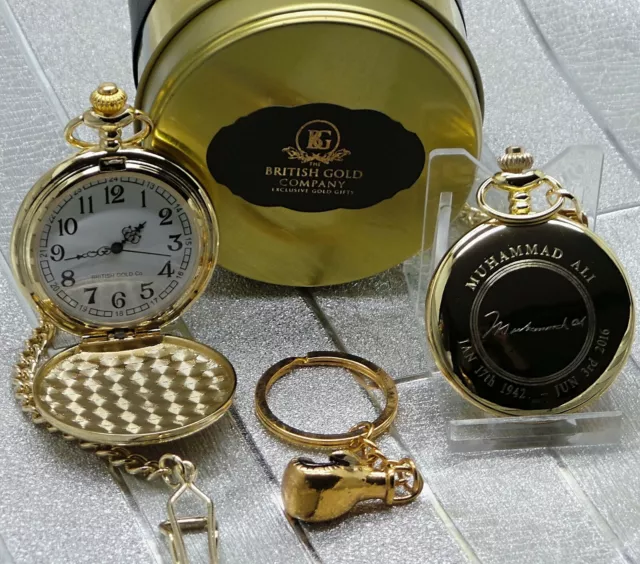 MUHAMMAD ALI Signed 24k Gold Clad Pocket Watch Boxing Glove Keyring Set in Case