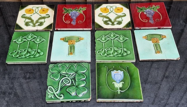 Selection Of Antique Fireplace Tiles Art Nouveau Moulded Majolica C1900