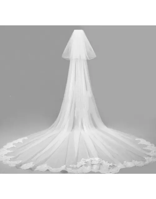 3M Women White Bride Edge Trim Embroidery long Wedding head hair Veil Blusher